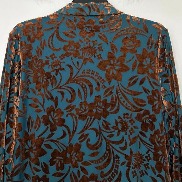 Cozy Co Burnout Velvet Floral Button Front Shirt Dress Teal Brown Medium Boho - Picture 11 of 14